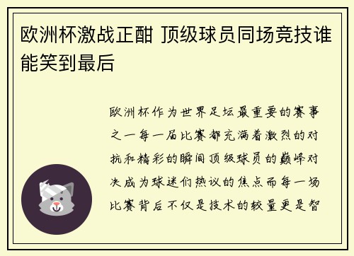 欧洲杯激战正酣 顶级球员同场竞技谁能笑到最后