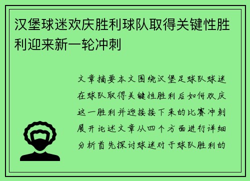 汉堡球迷欢庆胜利球队取得关键性胜利迎来新一轮冲刺