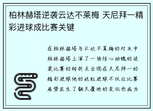 柏林赫塔逆袭云达不莱梅 天尼拜一精彩进球成比赛关键